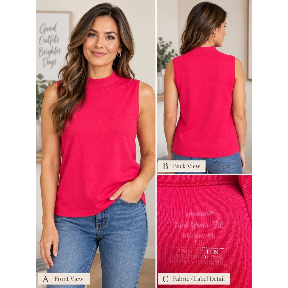 CJ Banks Women Red Sleeveless Mock Neck Top Solid Knit Pullover 1X Plus Size